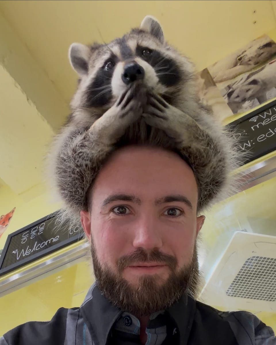 Jaxon with a raccoon resting on his head